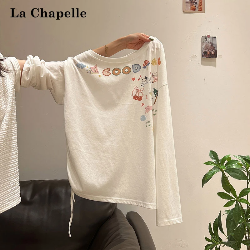 拉夏贝尔卡通字母印花一字领长袖T恤女秋季褶皱系带宽松百搭上衣
