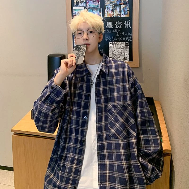 日系复古格子衬衫男2025春季宽松休闲长袖舒适百搭港风慵懒感上衣