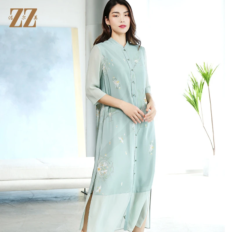 佐尔美时尚国风长款新款气质桑蚕丝连衣裙裙子宽松E12LS67度假