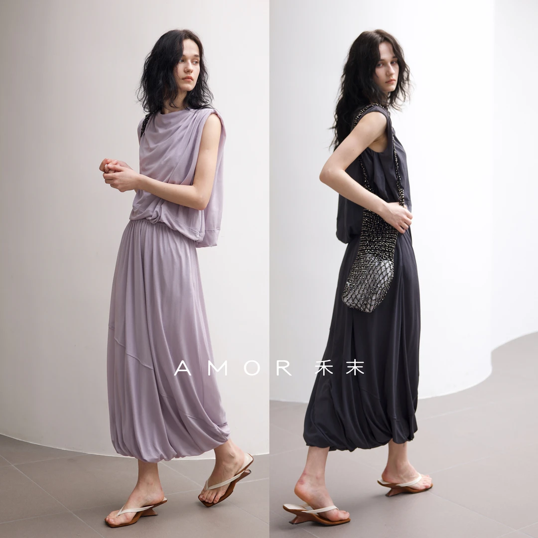 AMOR禾末 醋酸面料上身零压感堆褶荡领背心半身裙休闲套装女夏季