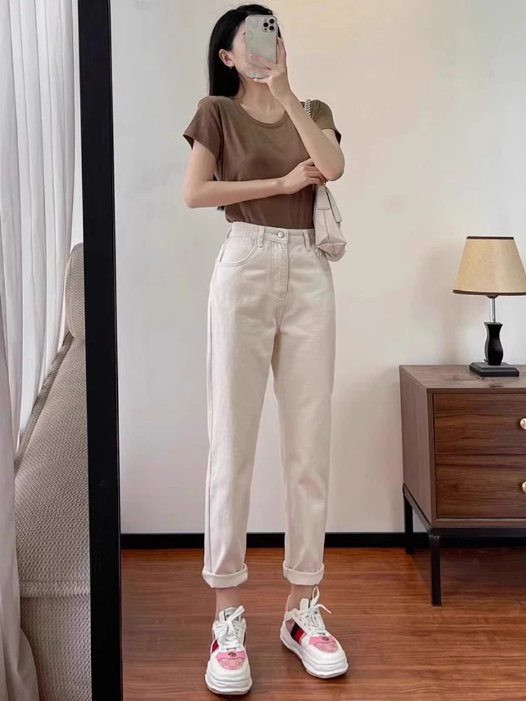 米白色牛仔裤女春秋2025年春秋新款杏色哈伦裤老爹裤梨形身材裤子