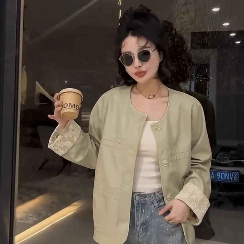 港风休闲百搭时尚蕾丝拼接夹克皮衣女2025春季别致小众设计感上衣