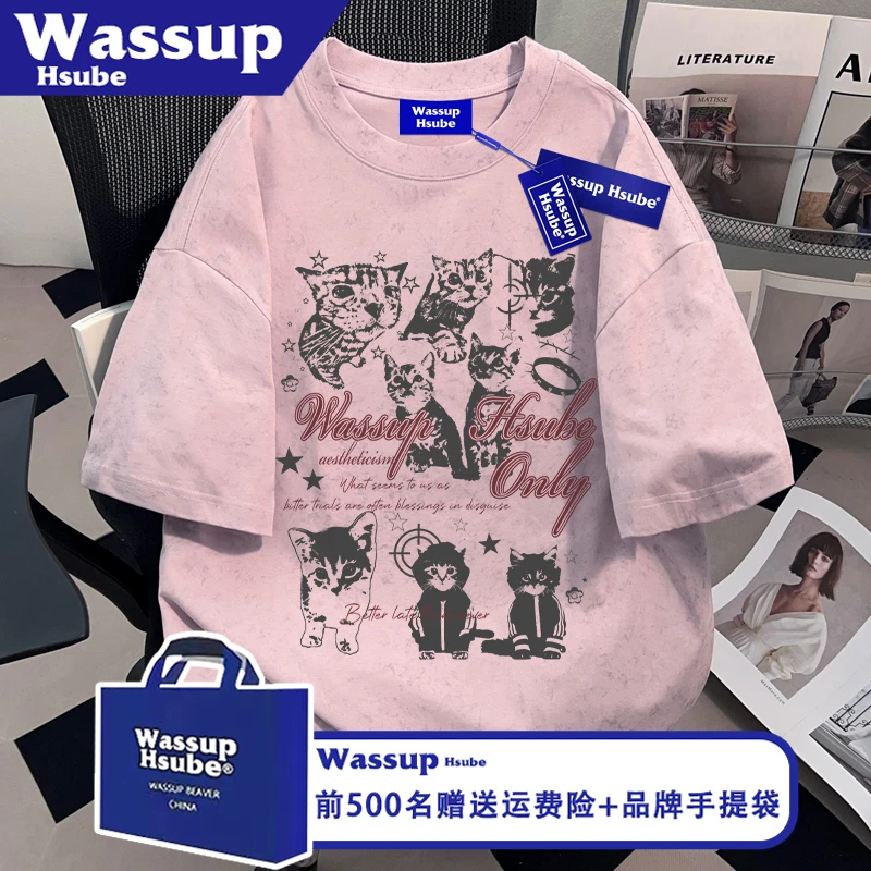 WASSUP HSUBE趣味猫印花短袖夏季男女款T恤粉色蜡染100%棉半袖ins