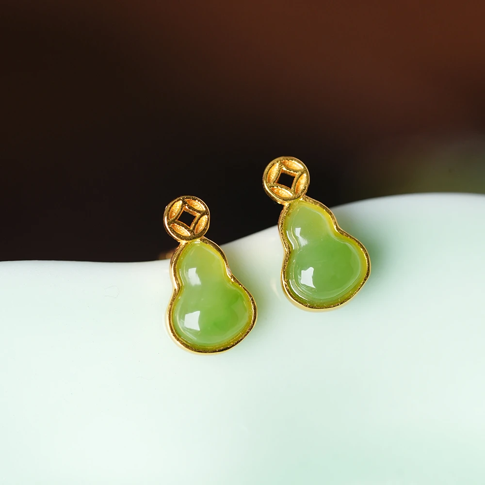 御臻珠宝｜和田碧玉｜S925银｜葫芦耳饰耳坠耳钉铜钱精美复古国风女