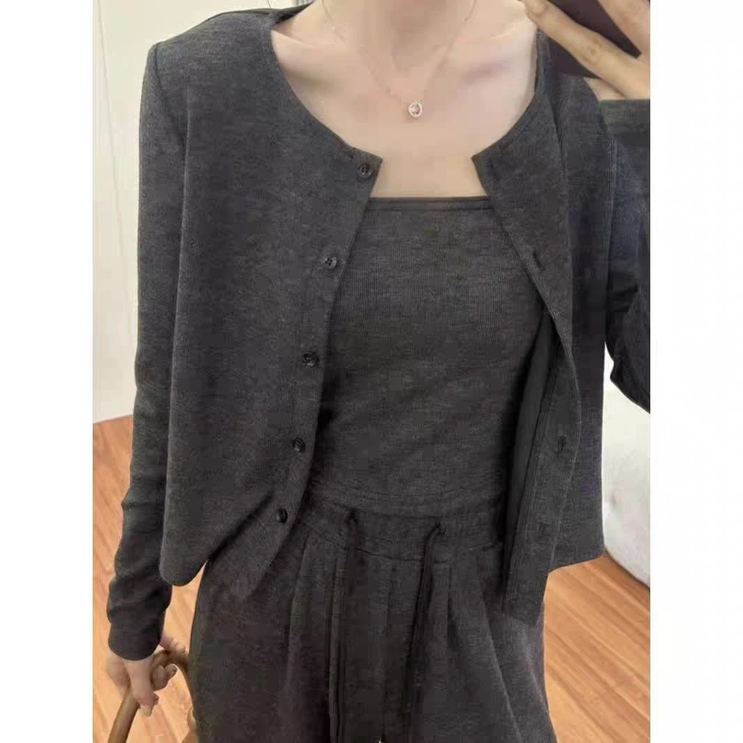 糯米三件套薄款运动休闲套装时尚秋季减龄显高显瘦宽松开衫阔腿裤