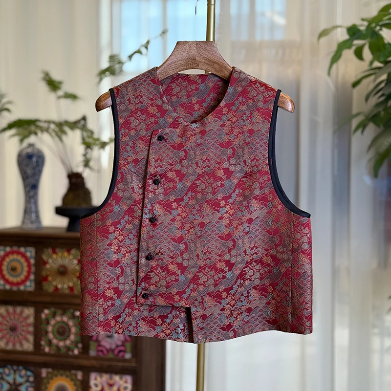 【绛织】新中式桑蚕丝宋锦香云纱马甲新春百搭红色上衣国风坎肩女装