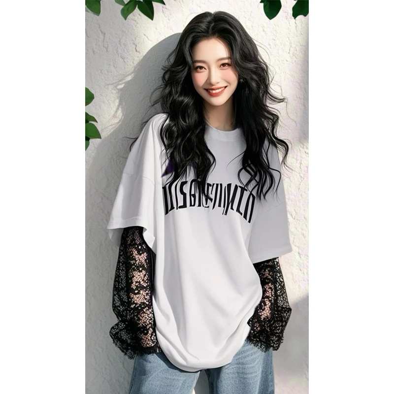 2025新款爆款超好看漂亮上衣白色蕾丝欧若风假两件长袖t恤女春季