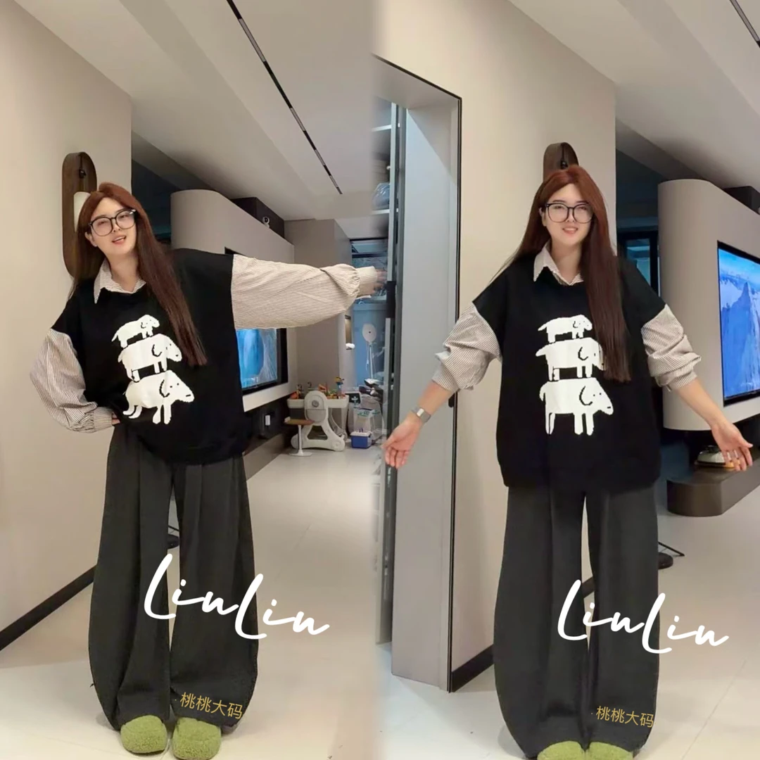 新款韩系大码叠穿衬衫领显瘦加绒假两件上衣加厚糯米裤套装