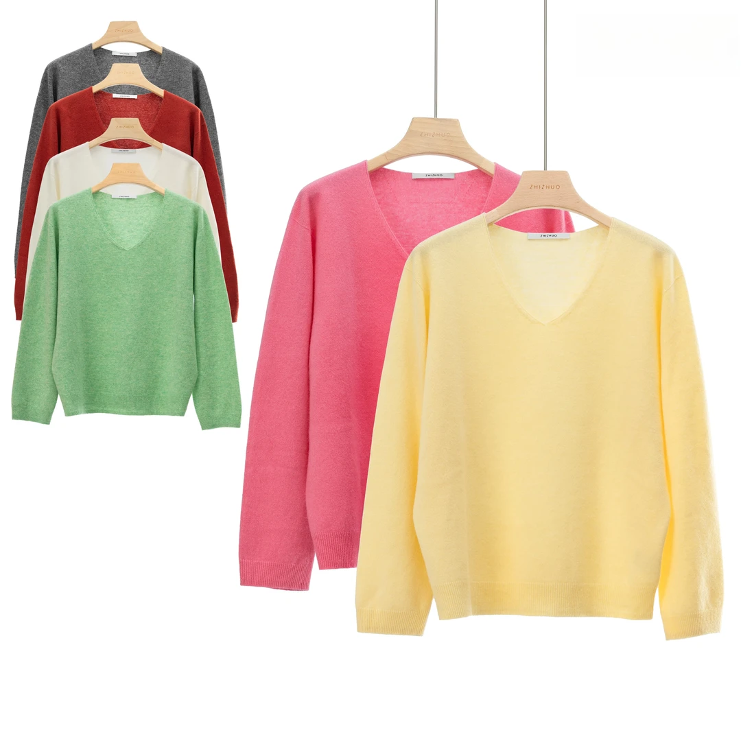 梦幻午后简约V领亲肤套头百搭日常通勤长袖针织衫