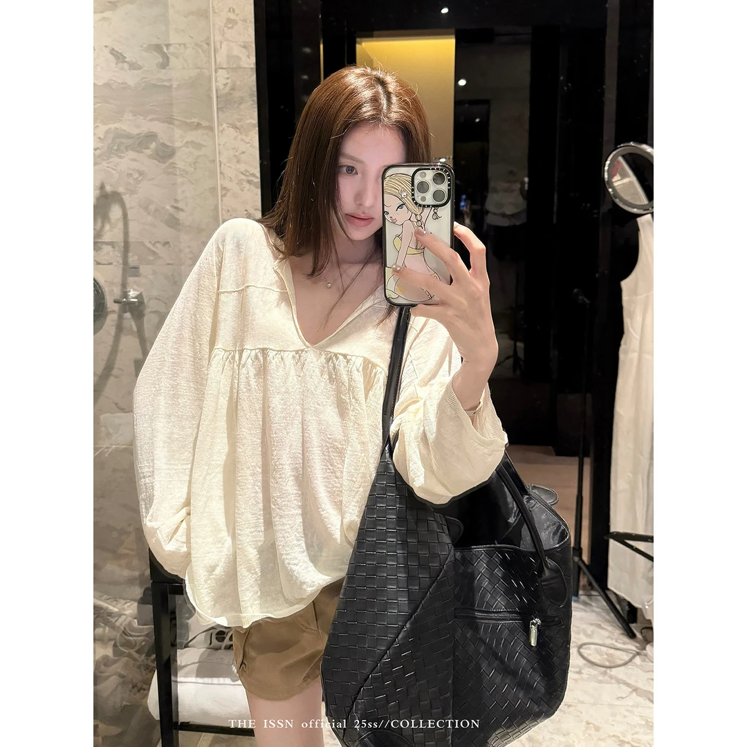 THEISSN宁司 V领长袖薄款罩衫T恤女夏季宽松显瘦上衣 01013