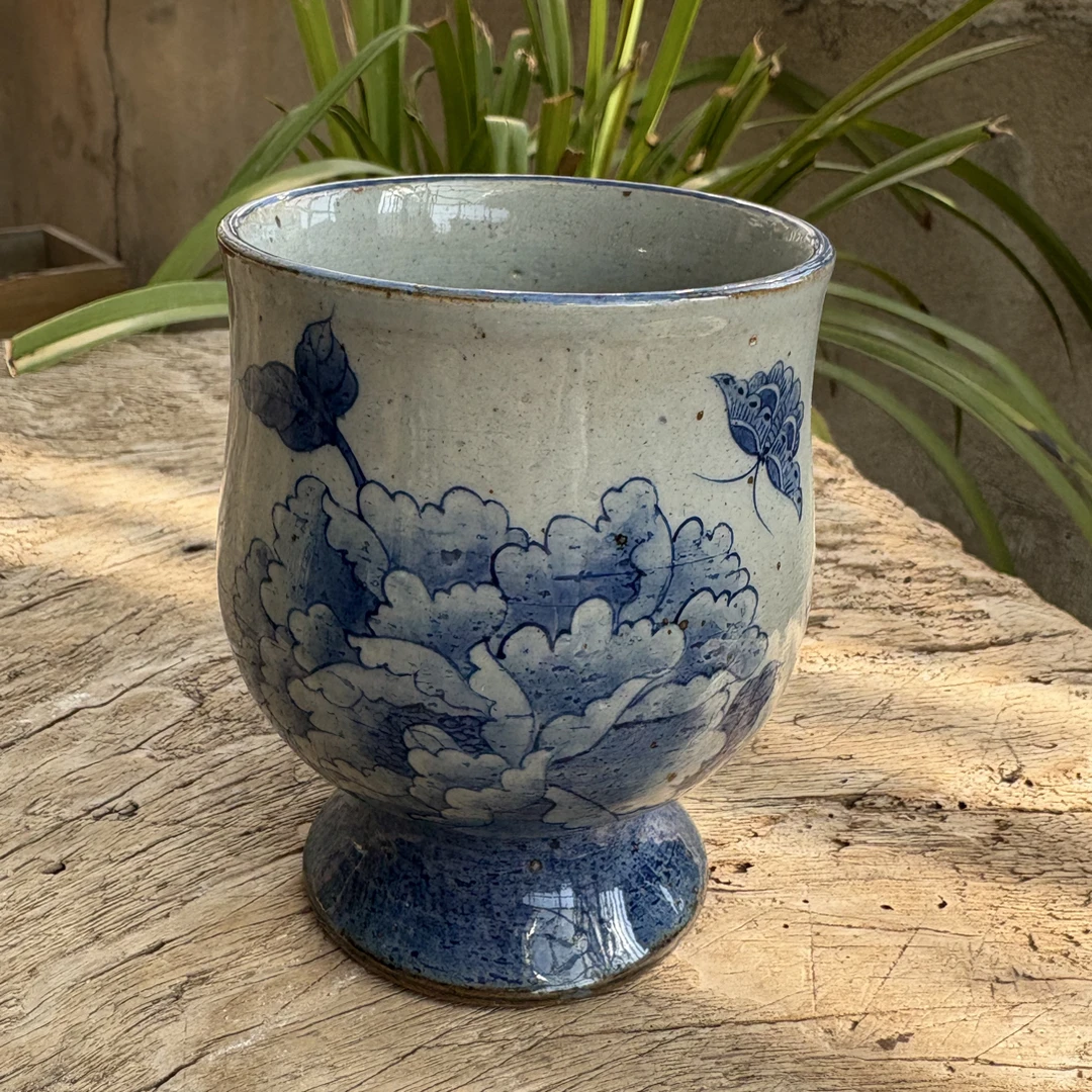 【若玉古美】牡丹蝴蝶高足杯手工手绘釉下彩高温瓷