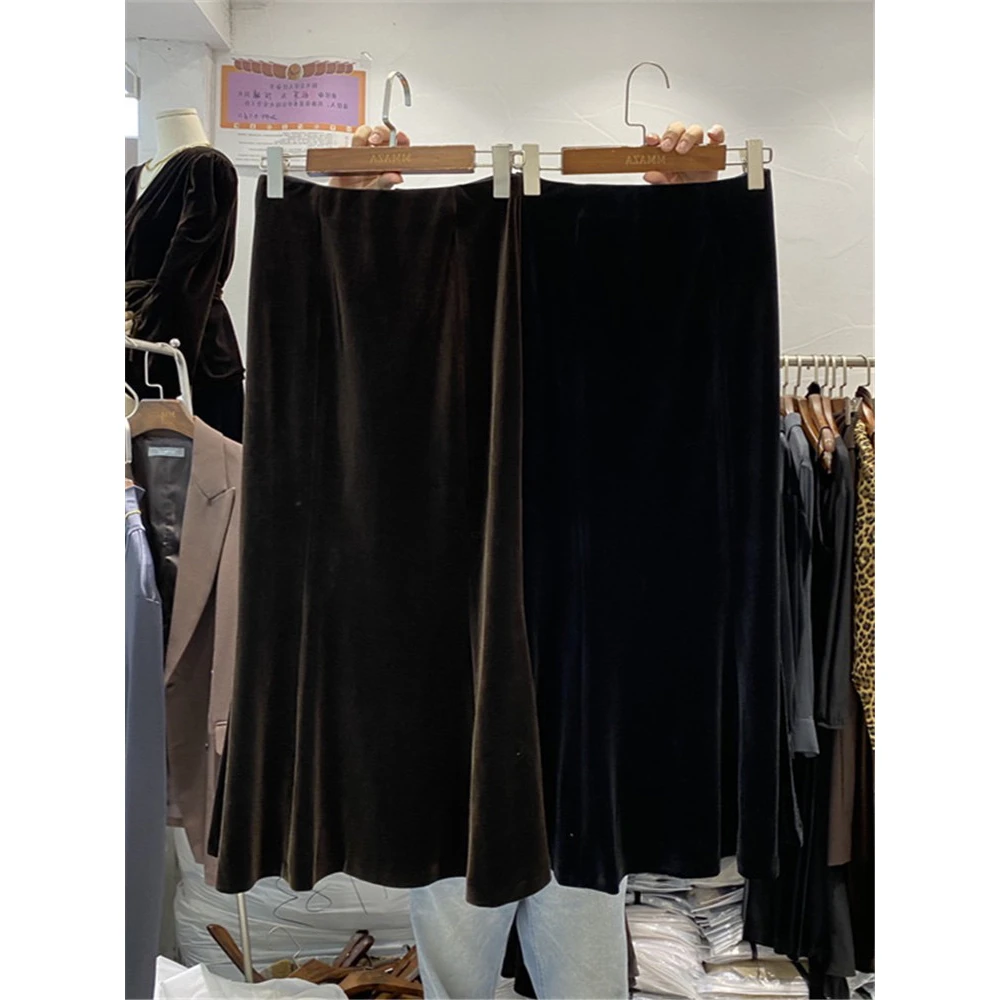 【工厂直发】秋冬丝绒裙高级感减龄显瘦慵懒风中长款半身裙8005