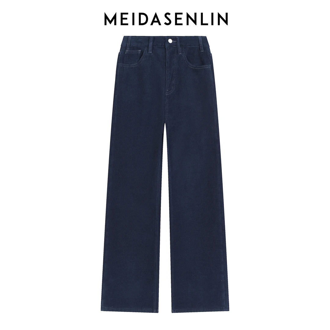 2025【赛?琳】灯芯绒-一体厚绒藏青色无弹窄版直筒裤牛仔裤女16282