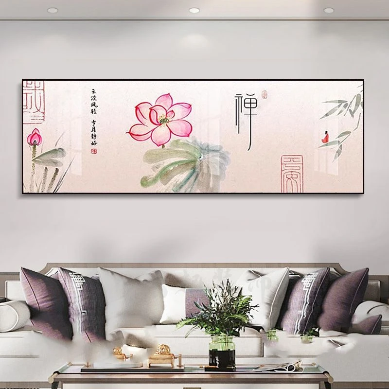 新中式荷花挂画客厅装饰画款茶室背景墙画中国风卧室横幅壁画床头