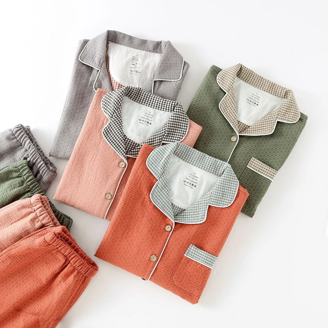 高端情侣全棉色织双层纱布睡衣春秋冬季男女士宽松长袖家居服套装