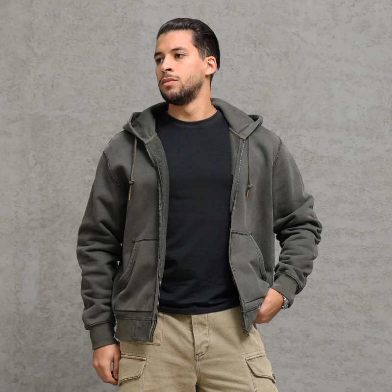 西里布Z020美式复古重磅全棉连帽拉链卫衣男运动休闲开衫外套