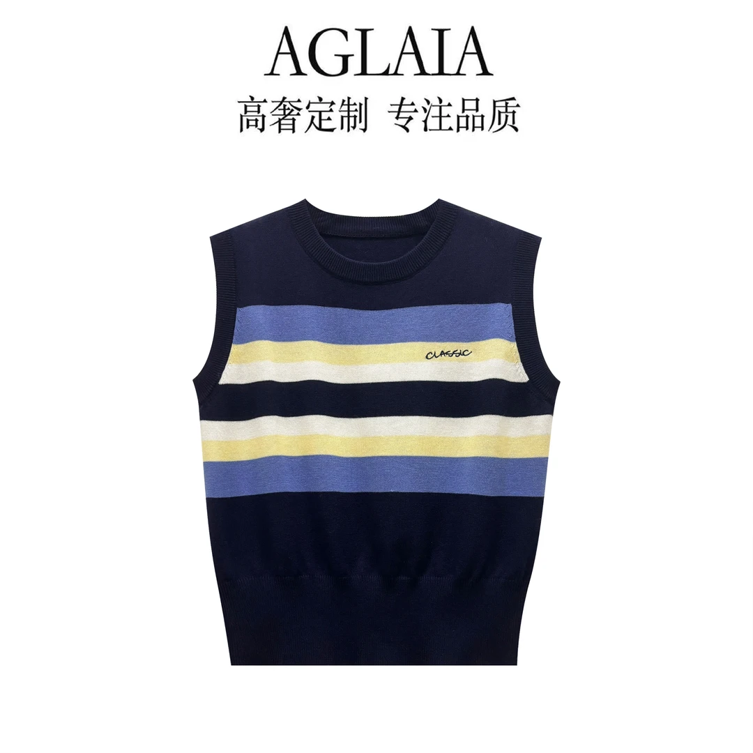 AGLAIA-设计感小众拼色条纹休闲气质圆领无袖针织背心上衣女6117