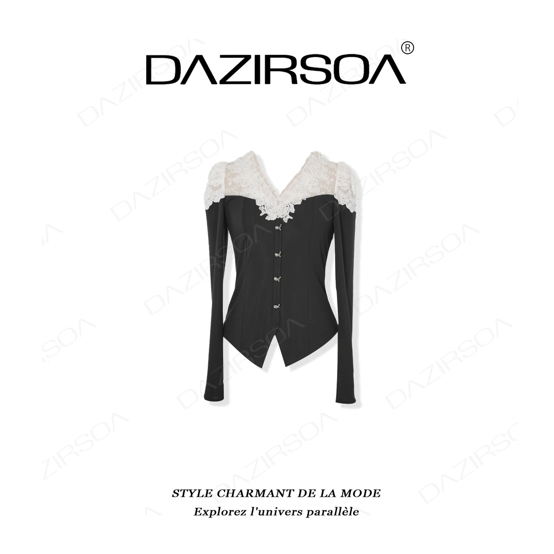 DAZIRSOA/达姿“春日光景”时尚百搭拼接蕾丝花朵显瘦洋气上衣 X195