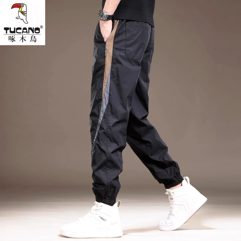 高端设计感撞色拼接休闲裤男夏季薄款宽松束脚美式潮牌哈伦裤子男