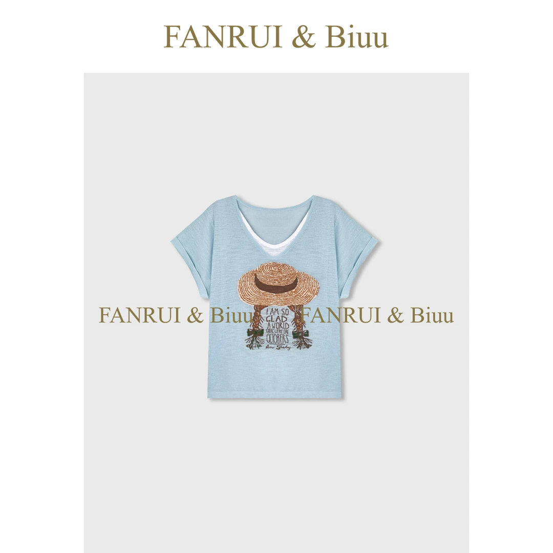 FANRUI/泛芮「元气方糖」2025夏季印花气质休闲百搭短袖T恤女B16393