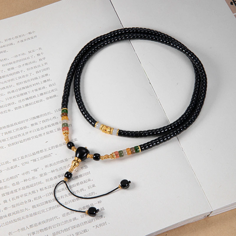 和田玉墨玉药片珠6*3mm多圈手串手持108长串彩色编绳长款百搭时尚