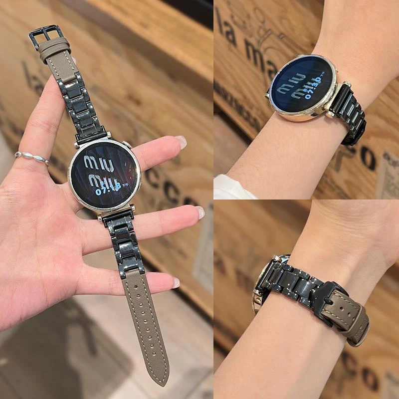 陶瓷拼皮质表带适用华为GT5智能手表Watch4proGT32fit3透气腕带