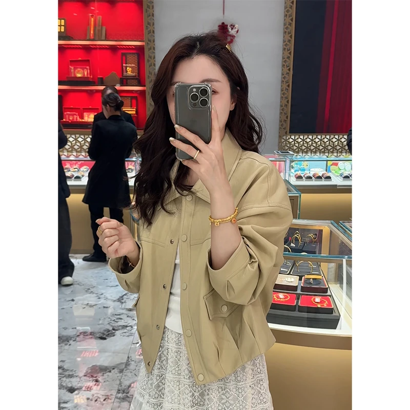 【只出不进-浮浮款】翻领同色扣褶皱口袋皮衣机车夹克外套 G7072