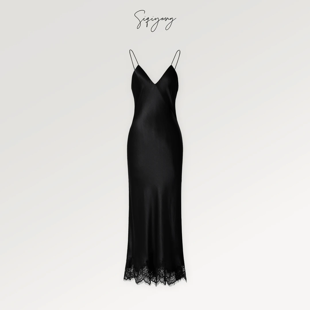 SIQIYOUNG【LOOK17】浓情派对-百搭斜裁真丝蕾丝吊带裙