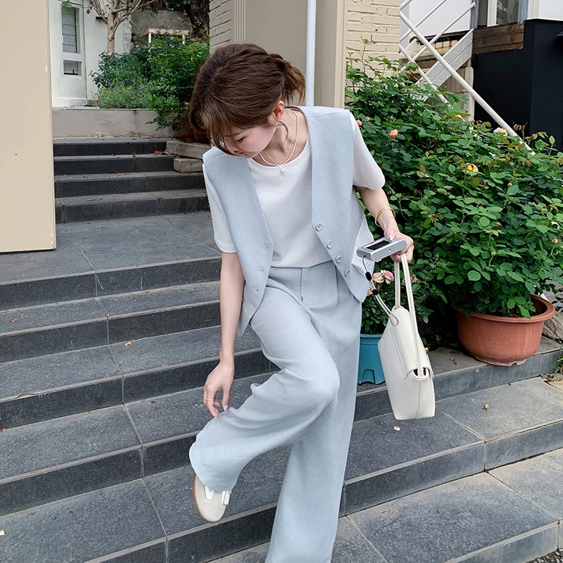 蓝色西装马甲套装女2025新款夏日穿搭一整套韩系气质阔腿裤两件套
