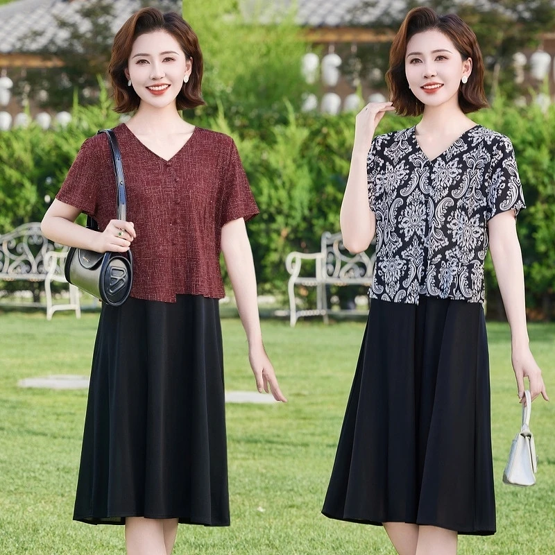 妈妈连衣裙夏季新款洋气高贵中老年女装短袖弹力中长款假两件裙子