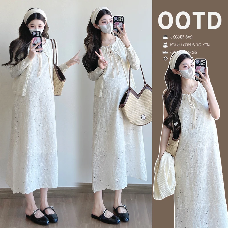 2025春夏新款孕妇连衣裙蕾丝连衣裙宽松显瘦无袖背心裙＋针织开衫