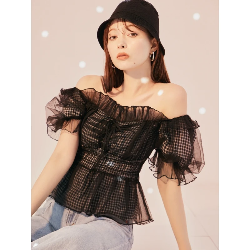 【六哥家】 S 夏季新款 甜美一字领露肩荷叶边薄纱衬衫气质显瘦小众