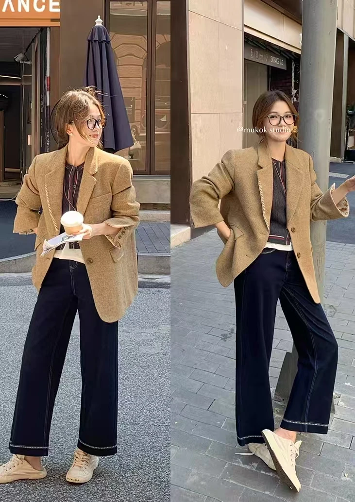经典小个子廓形粗花呢白鸭绒西装羽绒外套女秋装8633