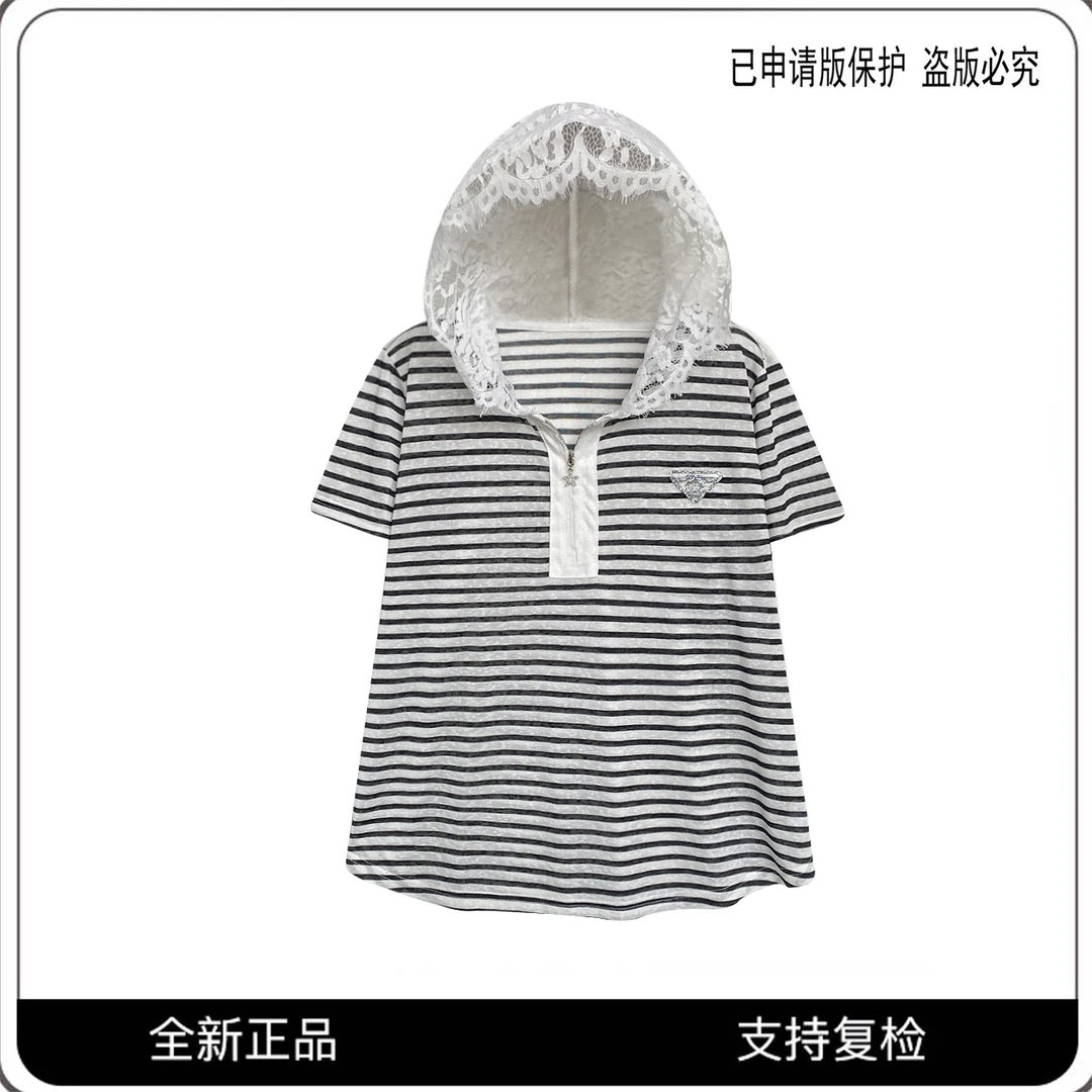 【房房推荐】68028#条纹拼接蕾丝连帽短袖T恤2025百搭洋气个性上衣