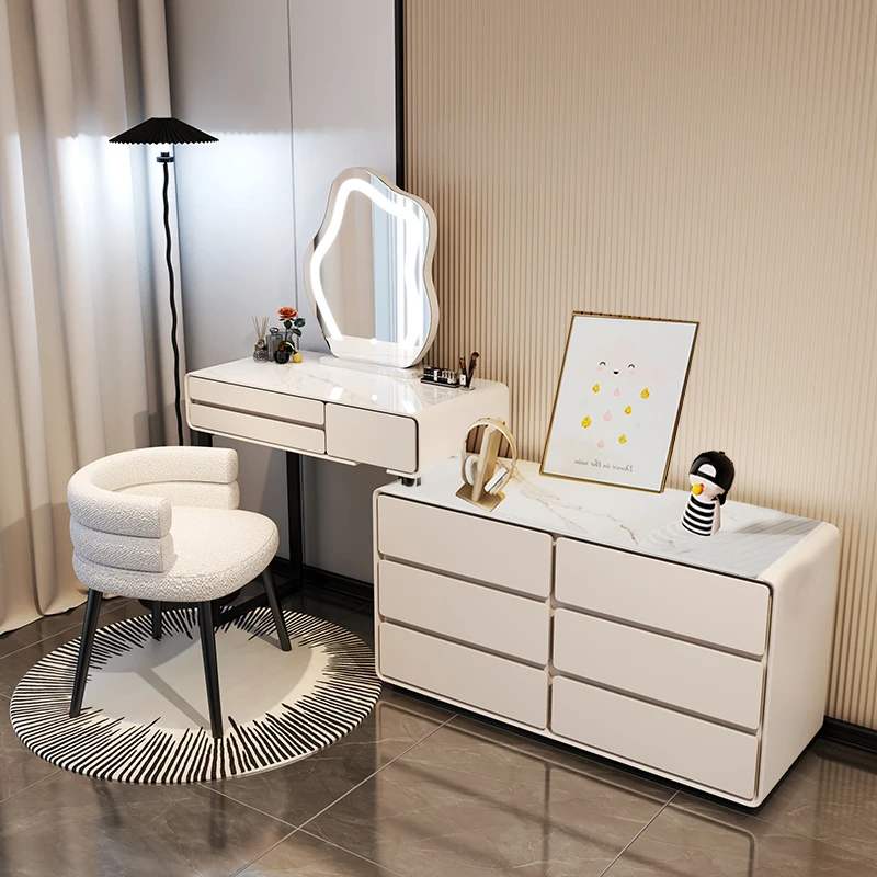 轻奢全实木岩板奶油风卧室现代简约化妆桌六斗收纳柜一体化妆桌子