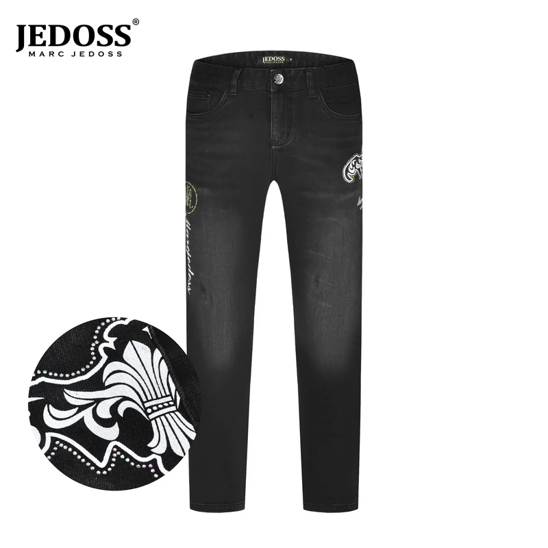JEDOSS/爵迪斯2025秋上新时尚潮牌男装LOGO鸢尾花直筒牛仔裤357