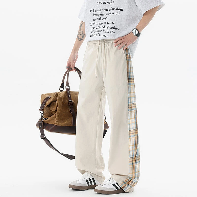 夏季撞色格子拼接运动大码休闲裤长裤宽松显瘦百搭直筒裤薄款潮流