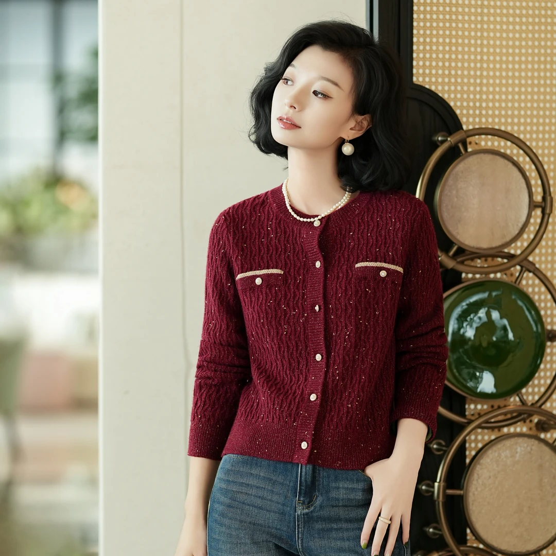 西子/【钟无艳】高级金豆彩纱羊毛小香风针织圣诞红上衣/MSTJ359