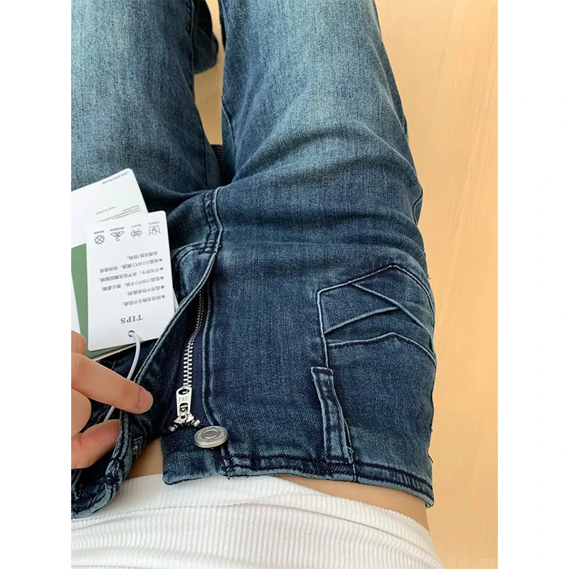 设计感复古蓝微喇牛仔裤女秋季新款胖妹妹mm高腰宽松不贴腿微喇裤