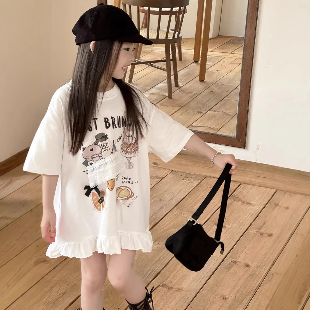 女童夏季新款可爱小熊印花中长款T恤女宝宝荷叶边连衣裙