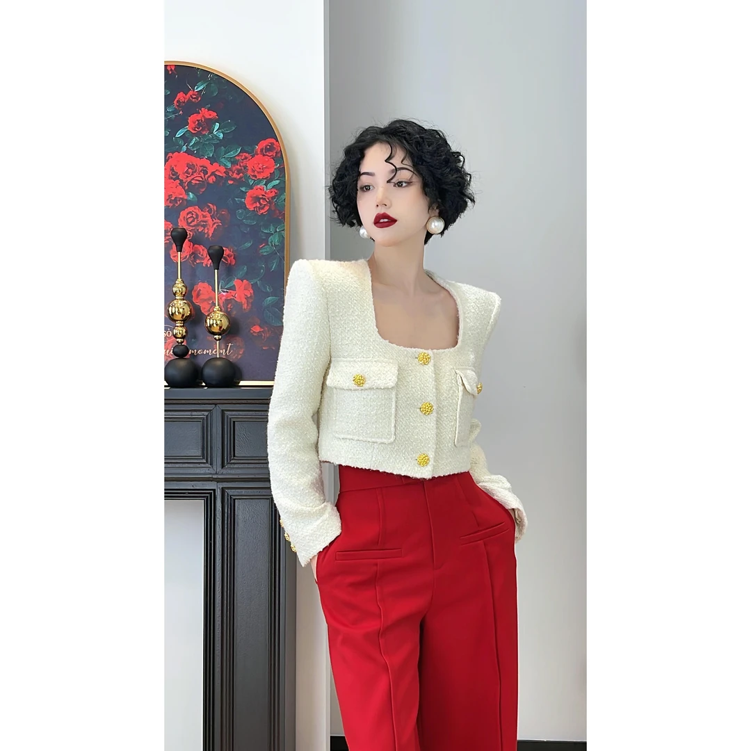 小众设计精纺粗花羊毛小香外套