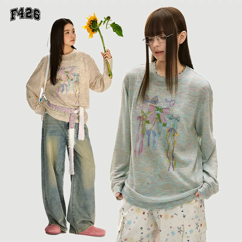 F426潮牌早秋穿搭气质彩纱蝴蝶结长袖罩衫显瘦百搭慵懒风t恤6514