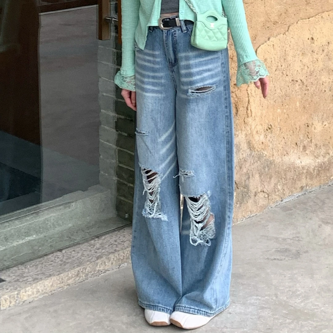 【美式丹宁】X-96018 高街破洞牛仔显瘦宽松阔腿裤【腰带不配的哦】