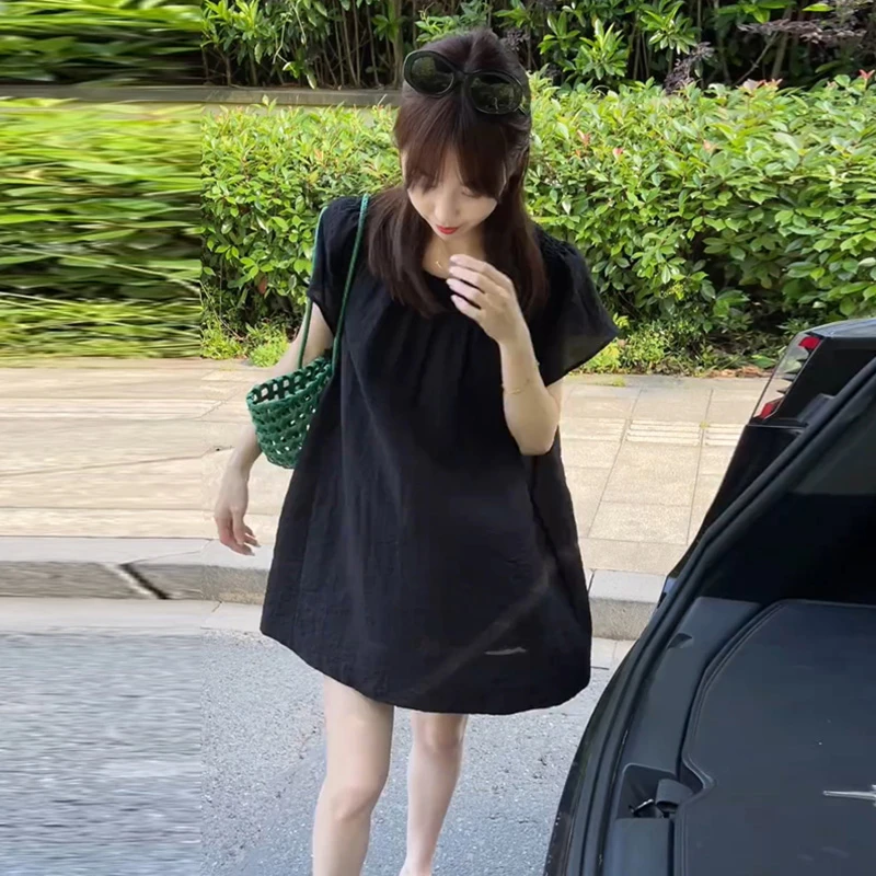 2025新款时尚透气百搭薄款洋气女休闲短袖正肩连衣裙上衣女