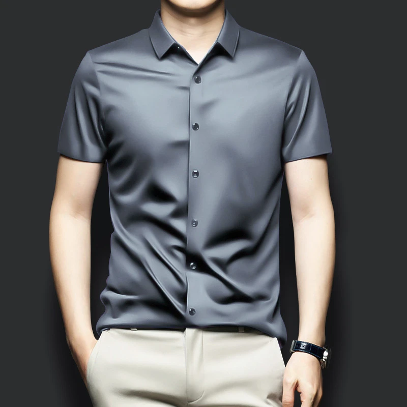 夏季高端丝光衬衫男士短袖2025新款抗皱修身职业商务纯色免烫衬衣
