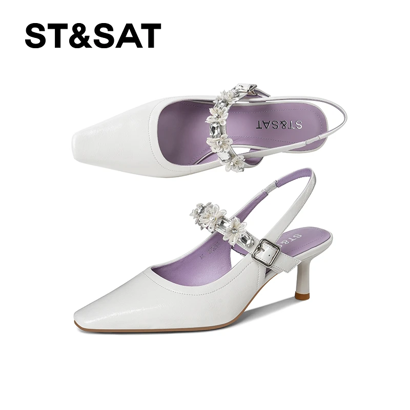 St&Sat/星期六中跟一字式扣带包头水钻方头细跟时尚时装凉鞋百搭