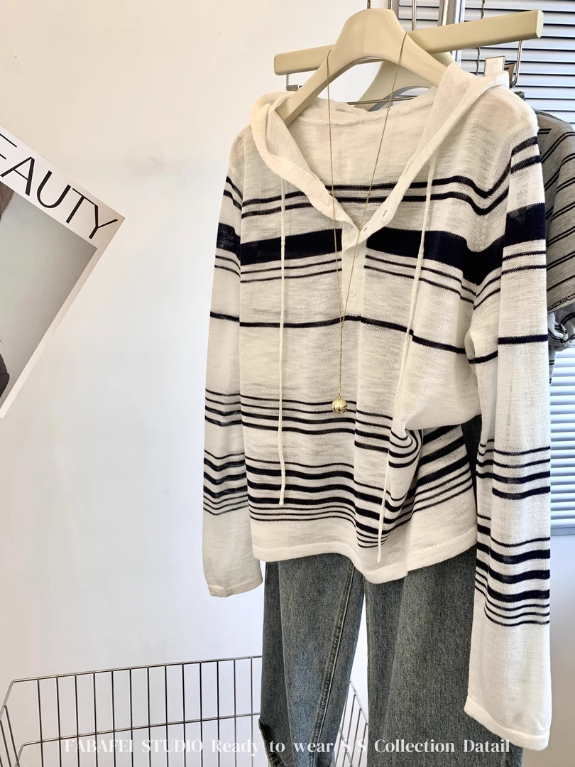 慵懒风拼色条纹连帽针织衫女装秋季外搭长袖松弛感小个子显瘦外套