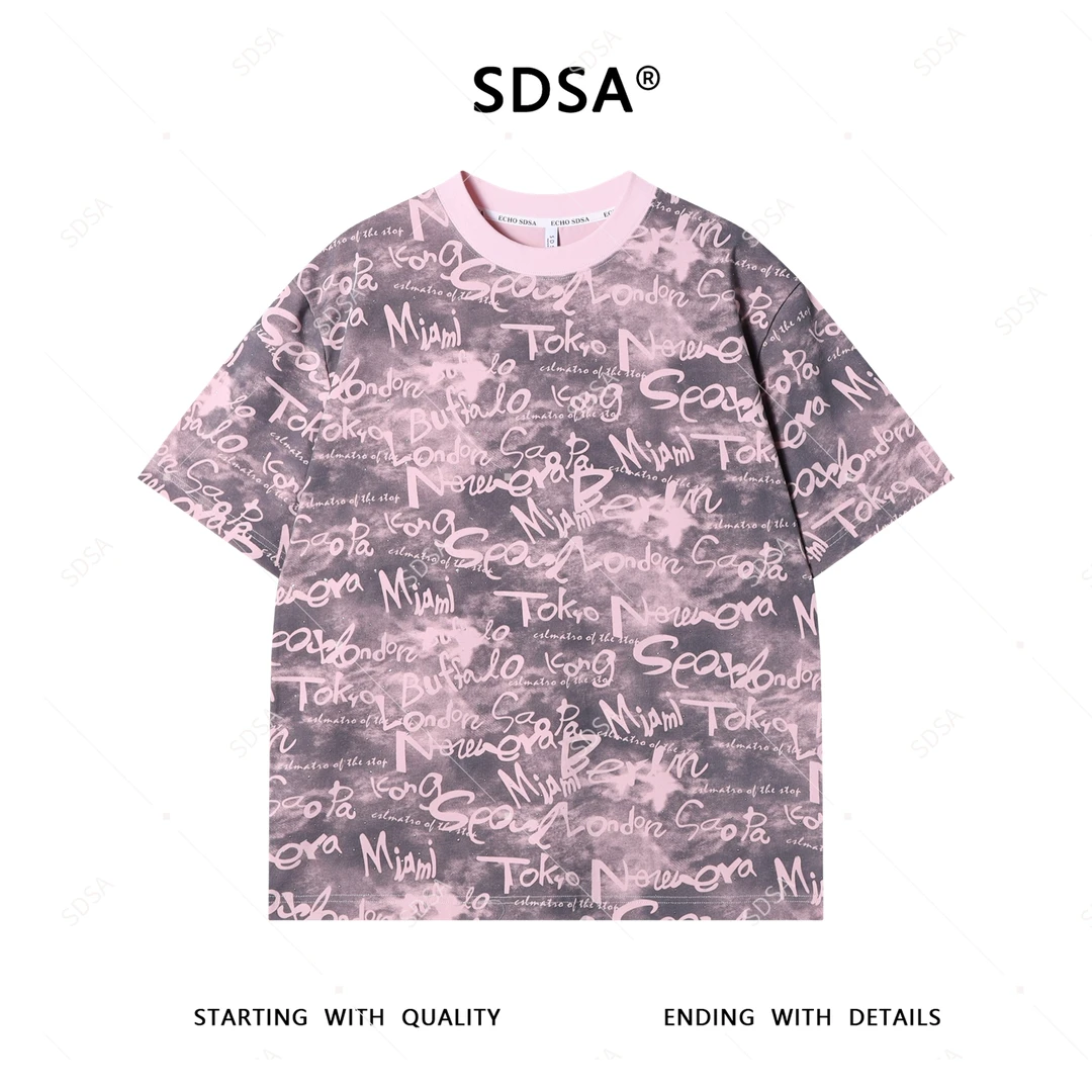 SDSA夏季新款男士痞帅潮牌撞色满印字母烫钻圆领短袖T恤时尚休闲