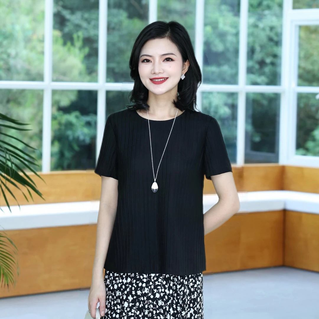 枫竺阿楠anan桑蚕丝柔叠绉圆领竖条纹肌理感轻薄短袖上衣女夏季