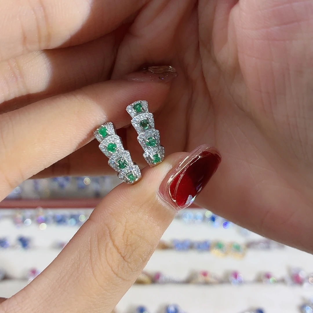 祖母绿耳饰银S925镶嵌